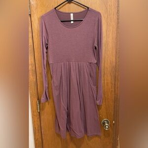 Purple, long sleeve, knee-length dress, size medium. Cute gathered waistline.